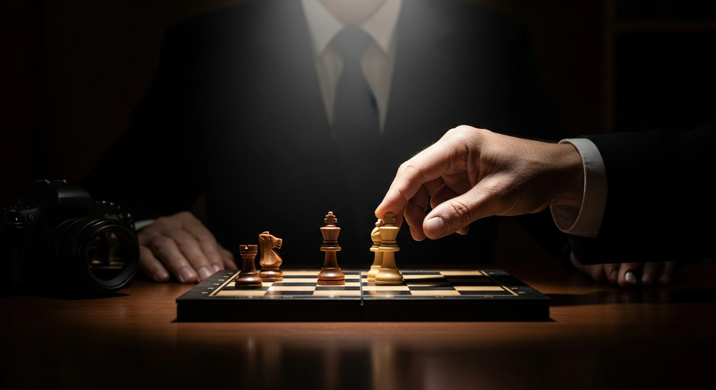 A dramatic, dimly lit scene in an opulent office shows a hand hovering over a chessboard with two king pieces, symbolizing Prime Minister Benjamin Netanyahu's intervention in the dispute between IDF Chief of Staff Eyal Zamir and Defense Minister Israel Katz.