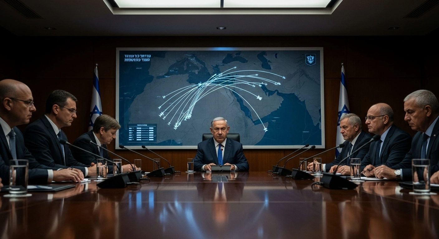 Prime Minister Benjamin Netanyahu presides over a somber Israeli Security Cabinet meeting, seated at a dark wood table under focused lighting, with a large, illuminated tactical map displaying stylized missile trajectories in the background, representing the critical discussions on Iran's ballistic missile program, the nuclear deal, and its regional influence, following his talks with US President Donald Trump.