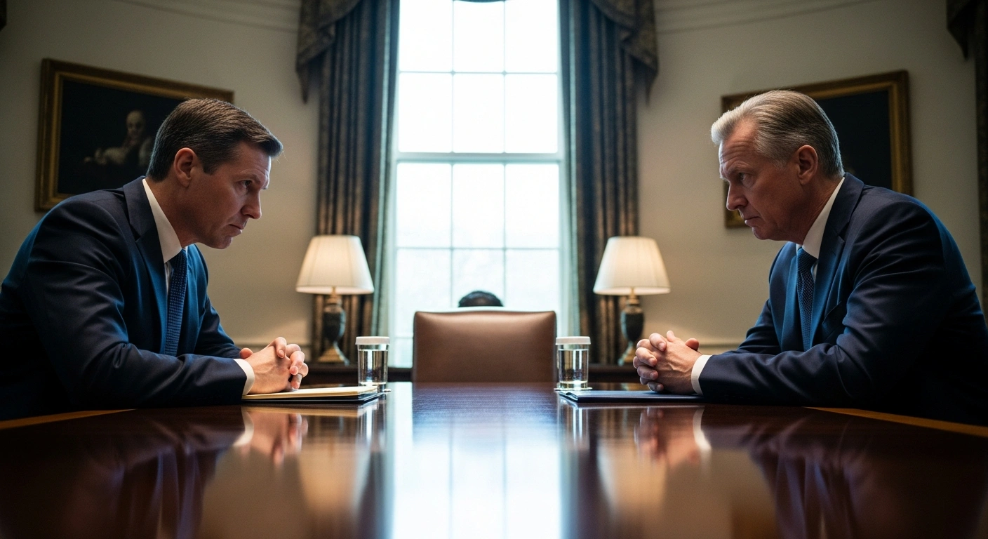 A dramatic, low-lit scene shows Israeli Prime Minister Benjamin Netanyahu and US President Donald Trump in a private White House study, engaged in intense, closed-door discussions about expanding Iran nuclear talks to include its ballistic missile program and support for militant groups.