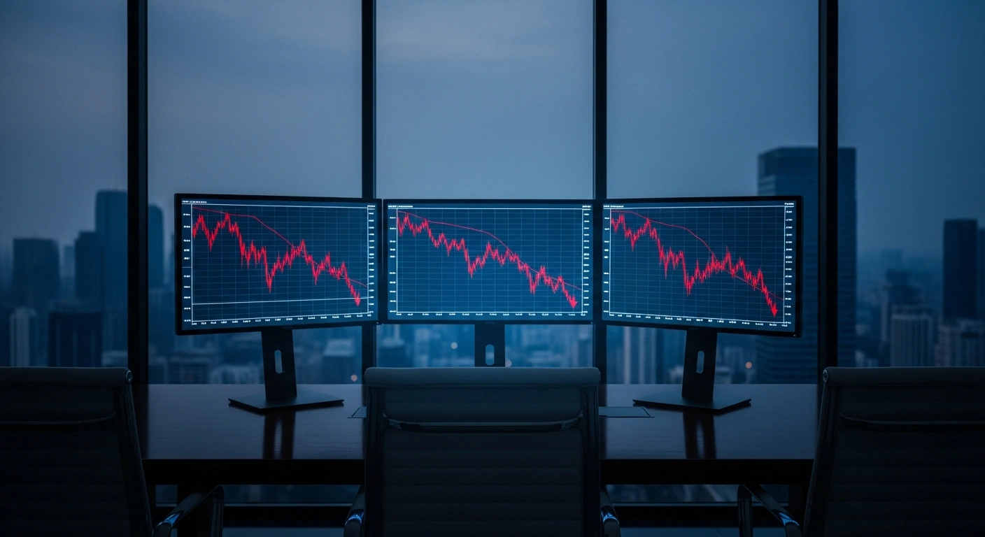 A dimly lit boardroom features monitors displaying downward-trending financial charts, symbolizing the decline in Netflix stock following their second-quarter earnings report.