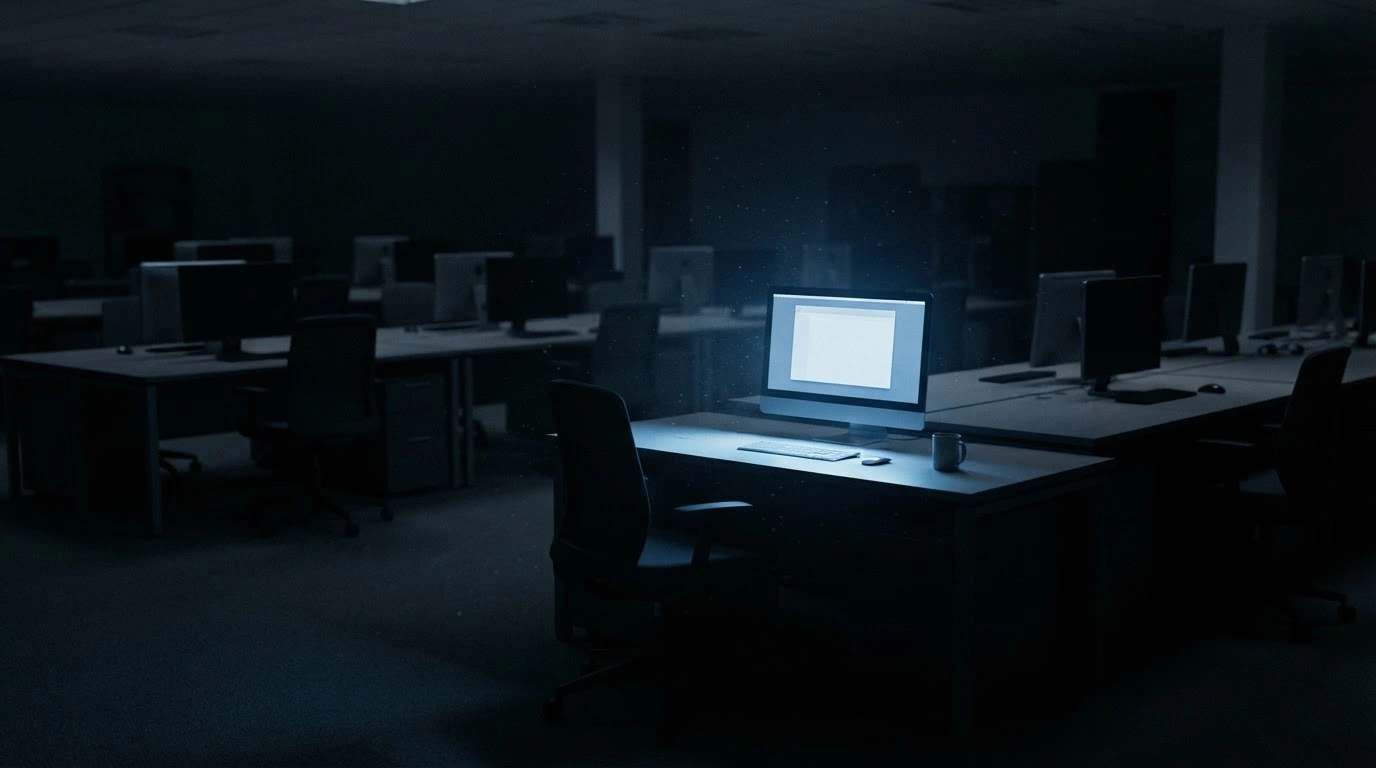 A dimly lit, empty corporate office space represents the recent workforce reduction at Netflix.