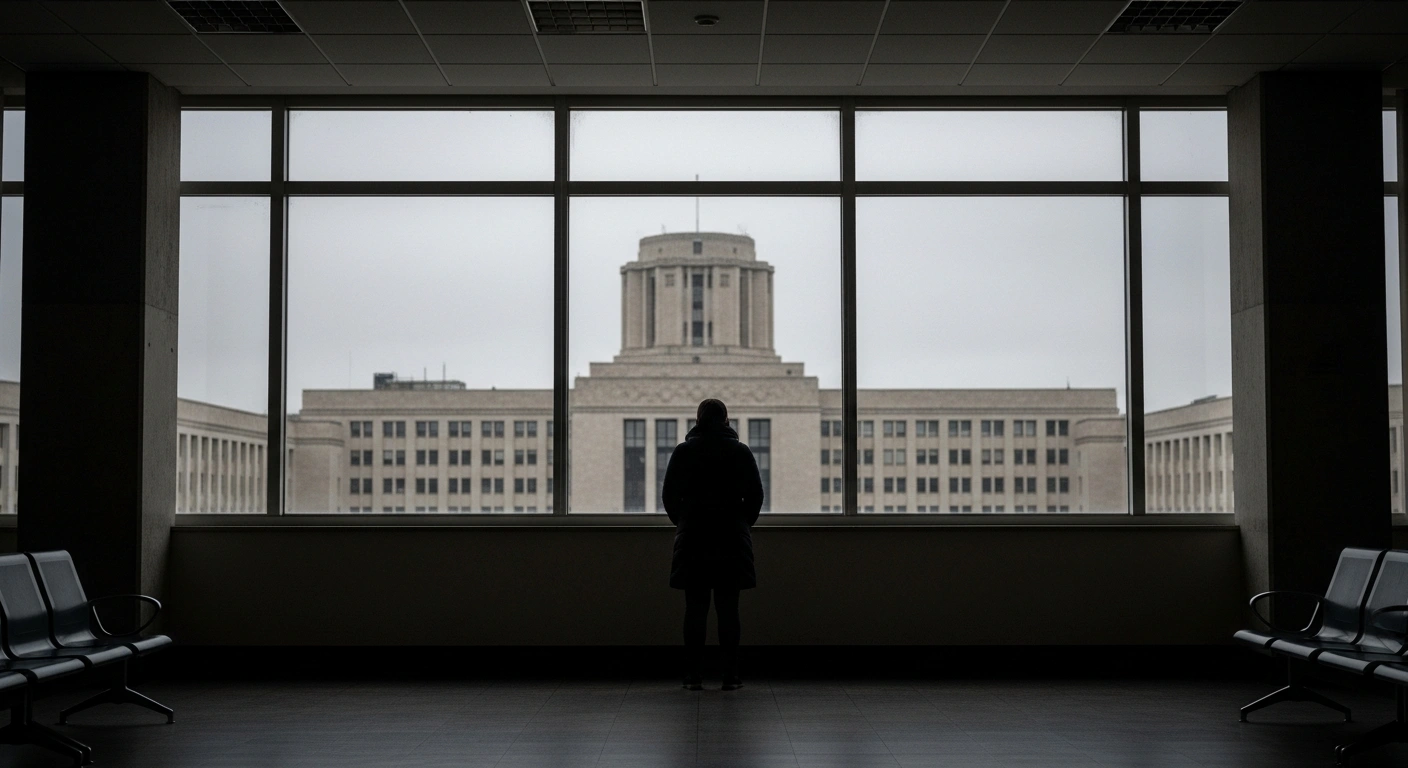 A solitary figure stands silhouetted against a large, institutional window, gazing at a distant, imposing government building, symbolizing the prolonged waiting times faced by asylum seekers in the Netherlands for case assessments by the Immigration and Naturalisation Service (IND) due to persistent backlogs.