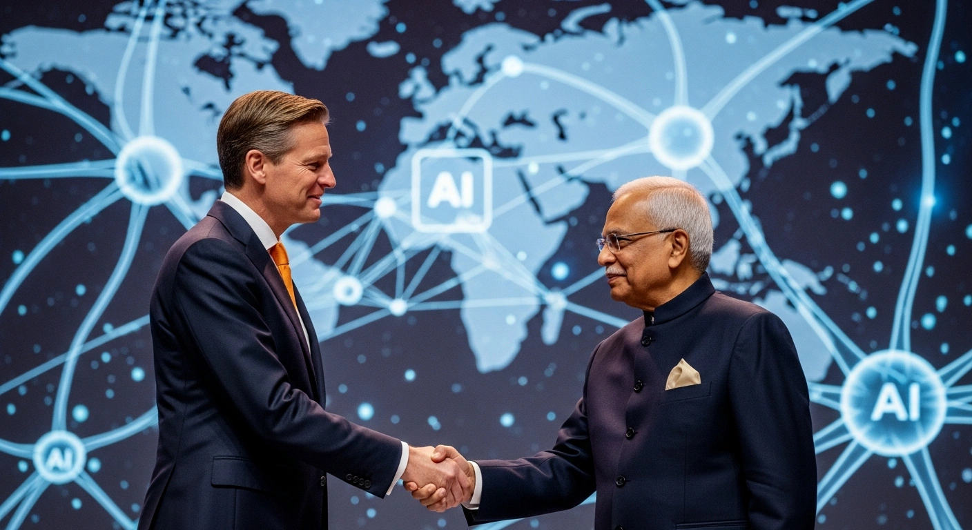 Netherlands Prime Minister Dick Schoof and an Indian dignitary are depicted shaking hands on a brightly lit stage, with a glowing holographic projection of global data networks and AI neural pathways in the background, symbolizing international cooperation for responsible AI development and strengthening bilateral ties at the India AI Impact Summit 2026 in New Delhi.