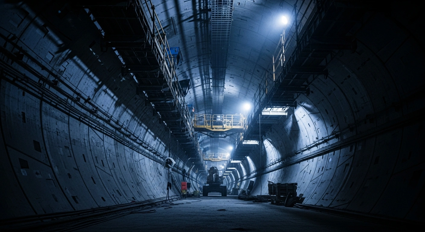 Construction workers and heavy equipment perform structural reinforcement work inside the Neuilly-sur-Seine tunnel on the RN13 near Paris.