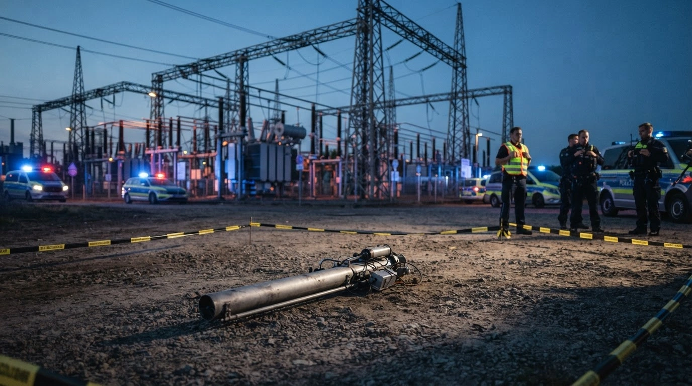 German police investigate a suspicious rocket-like object discovered near an electrical substation in the Gohr district of Neuss.