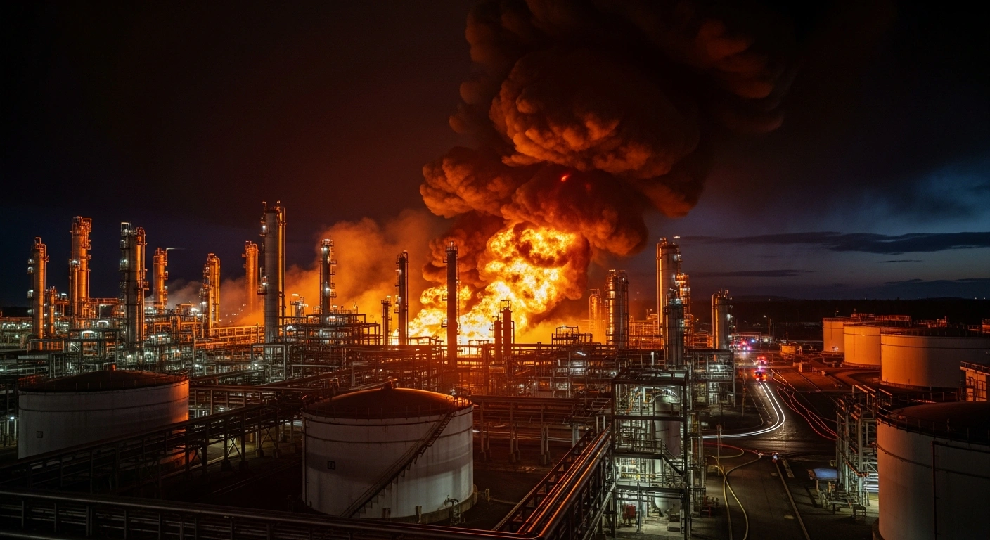 A large fire burns at the Nevinnomyssk Azot chemical plant in Russia following reports of drone activity in the region.