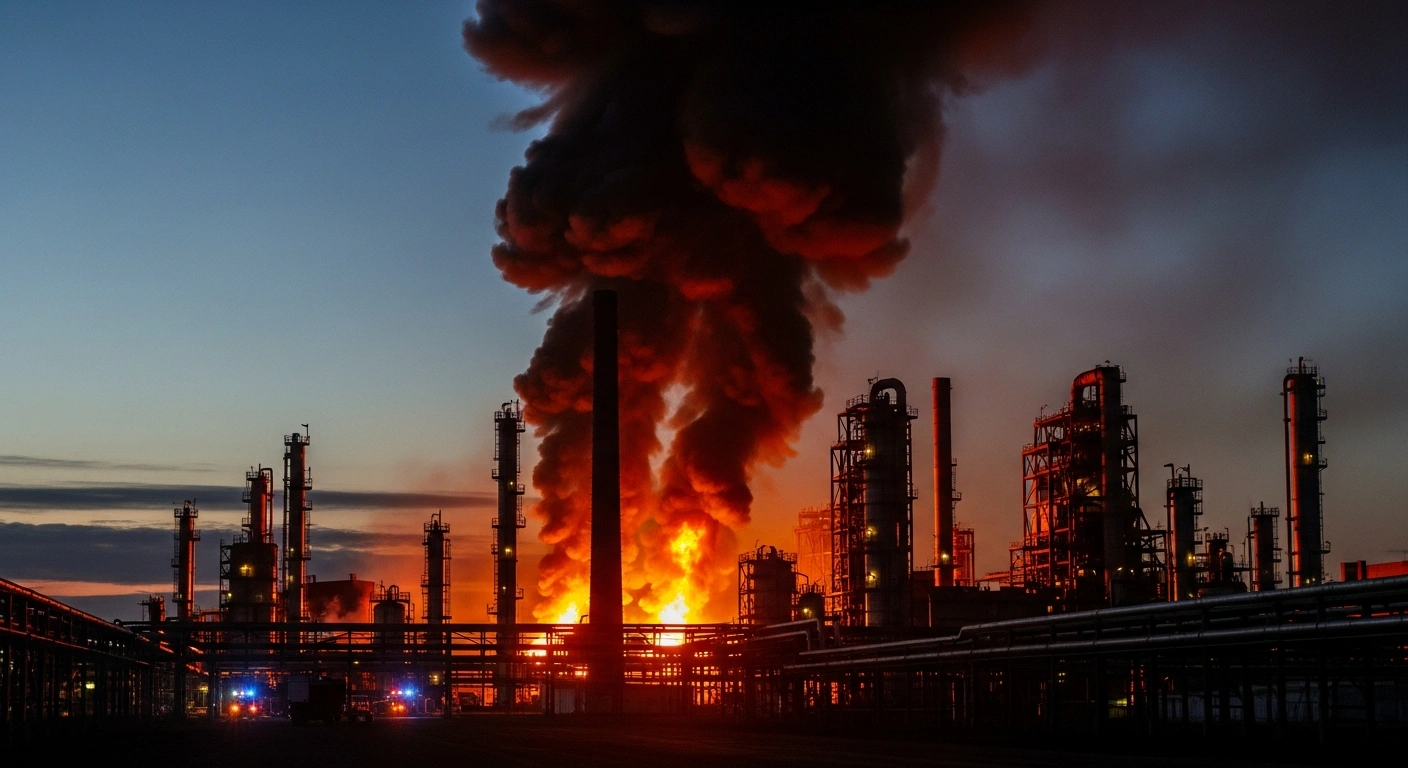 A large fire burns at the Nevinnomyssky Azot chemical plant in Russia following a reported drone attack.