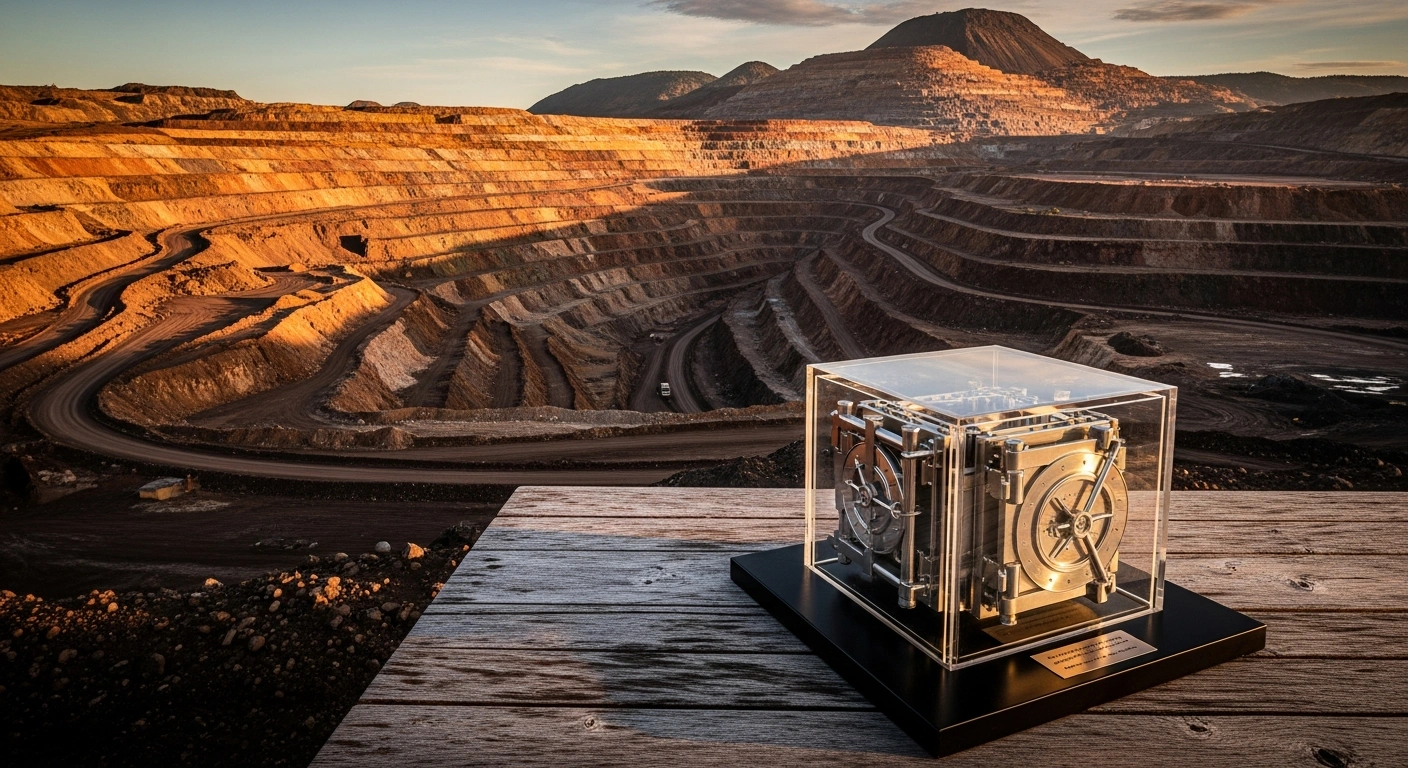 A conceptual image showing a model of a financial vault overlooking a New Caledonian nickel mine to represent the government's new mining revenue foundation.