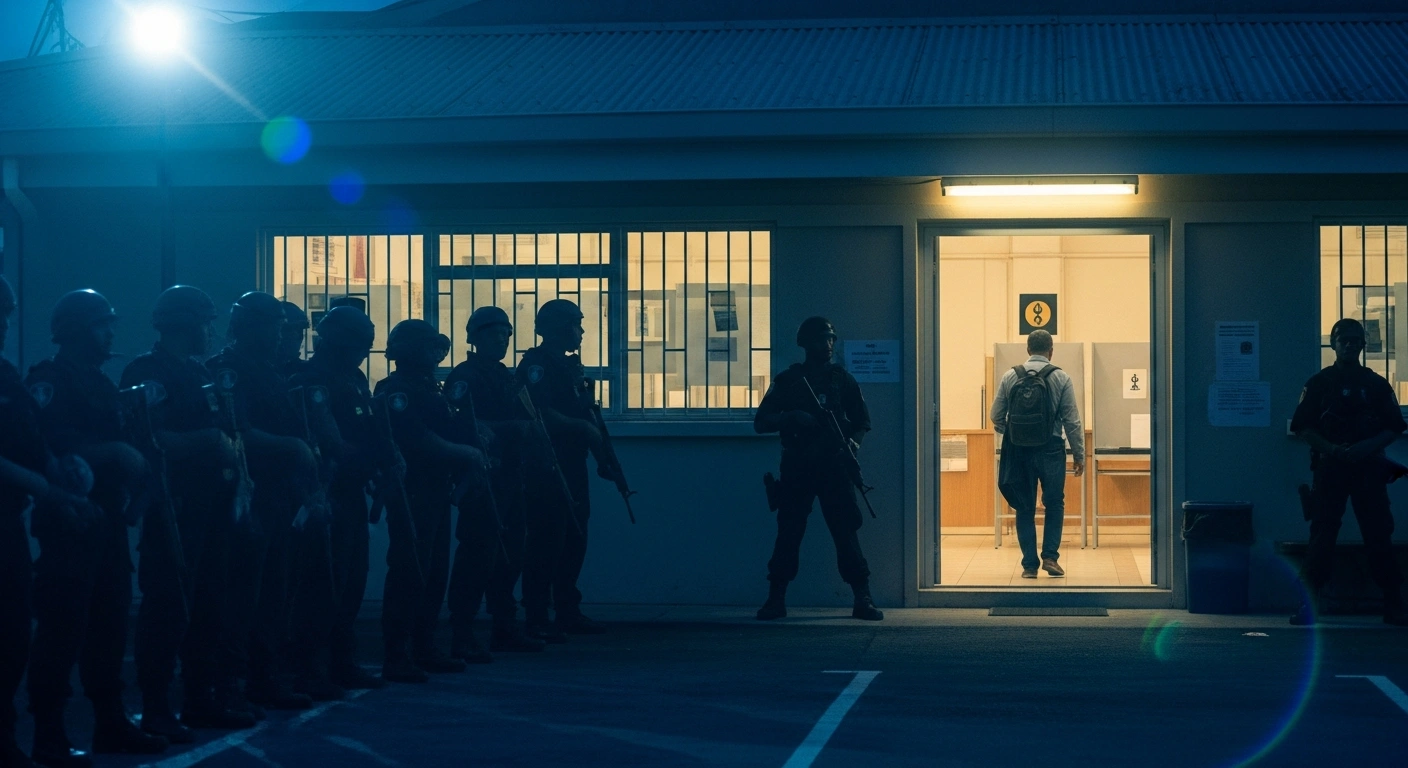 Security personnel stand guard outside a polling station in New Caledonia during provincial elections following a period of civil unrest.