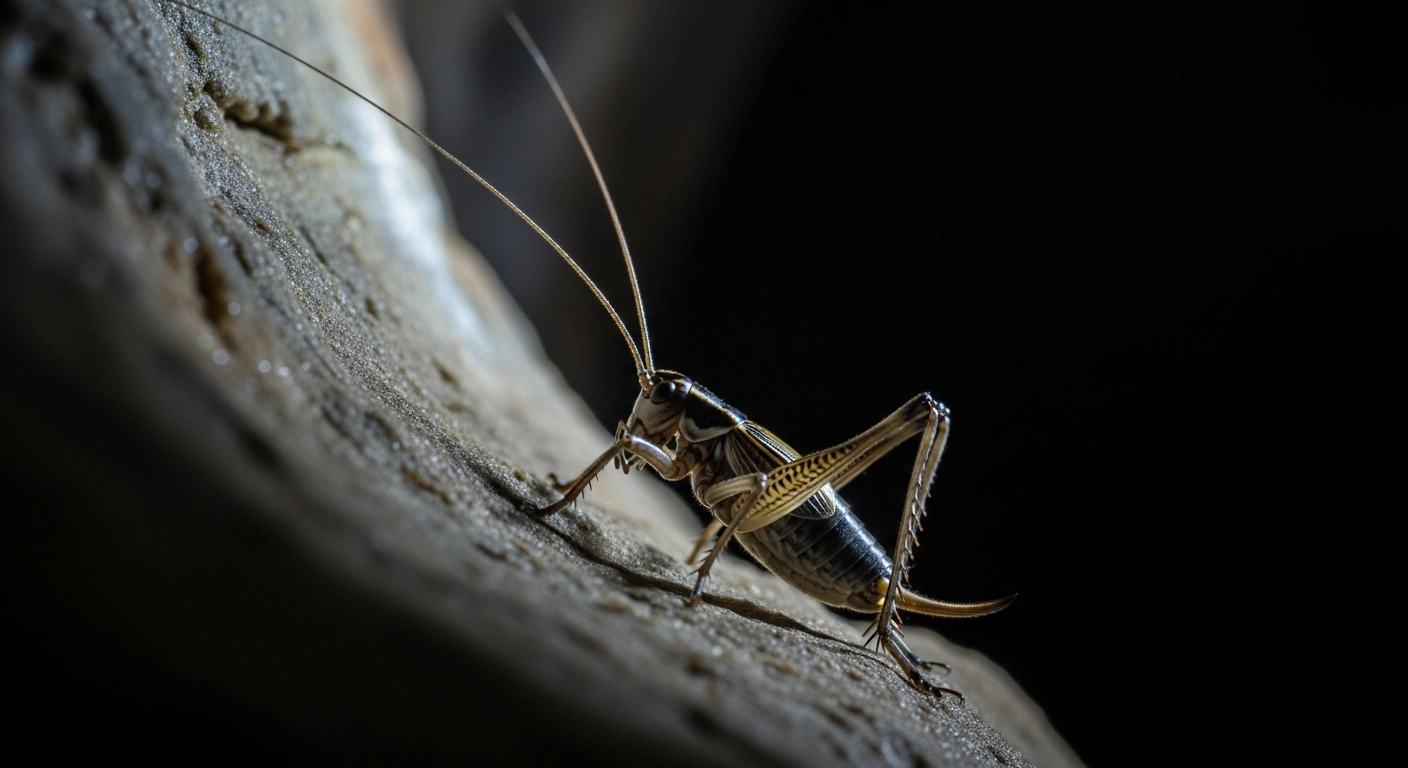 A newly discovered Dolichopoda balrogi cave cricket rests on a damp limestone wall inside a subterranean tunnel on the Greek island of Kastellorizo.