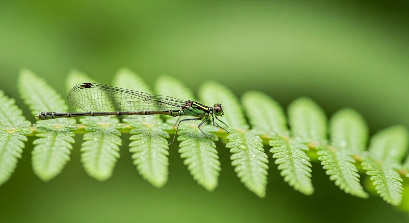 A newly discovered Lestes paloti damselfly rests on a green leaf in the Western Ghats of Kerala, India.