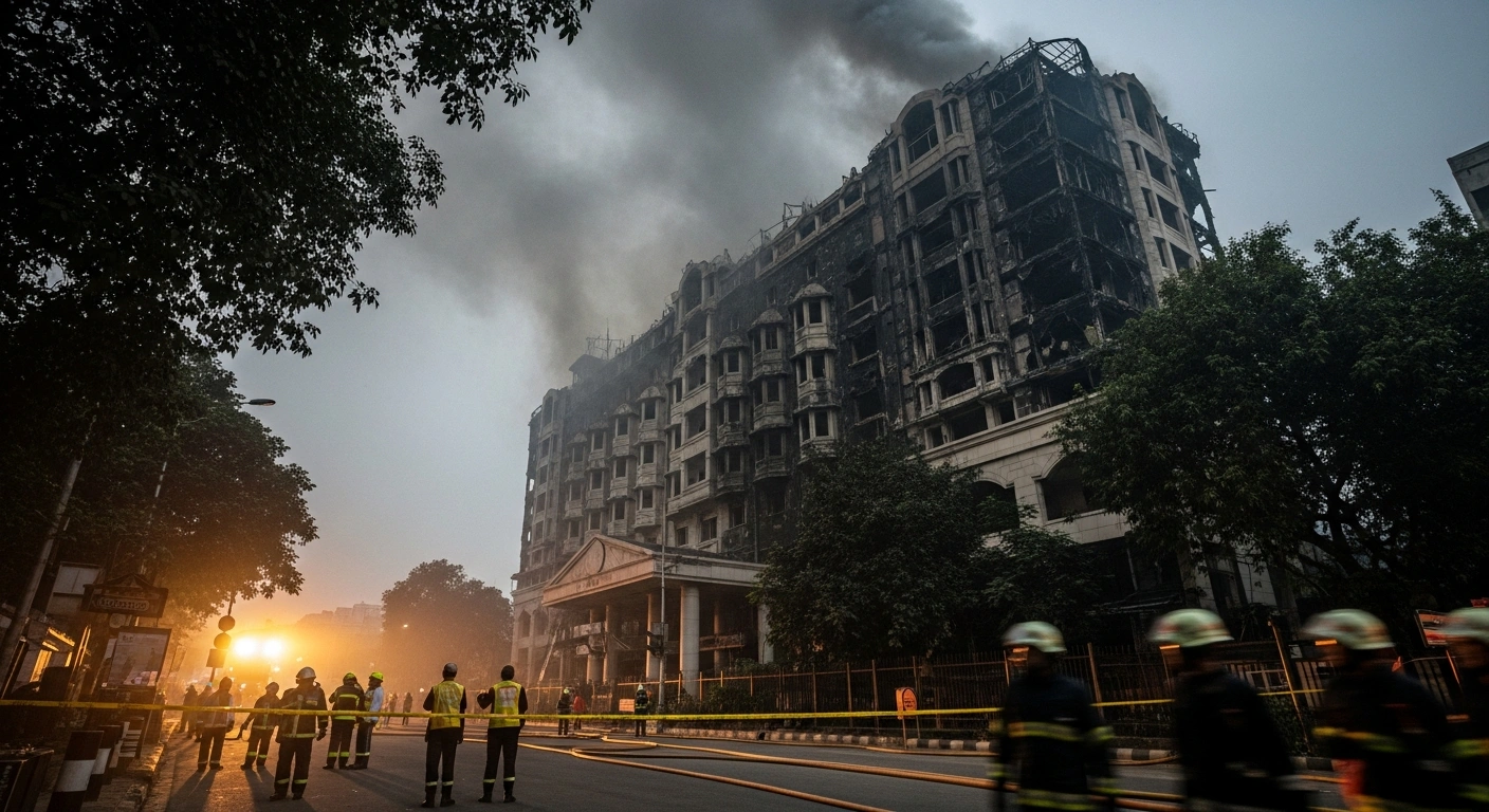 The charred exterior of a hotel in New Delhi stands under a smoky sky following a fatal fire that is currently under investigation for safety compliance.