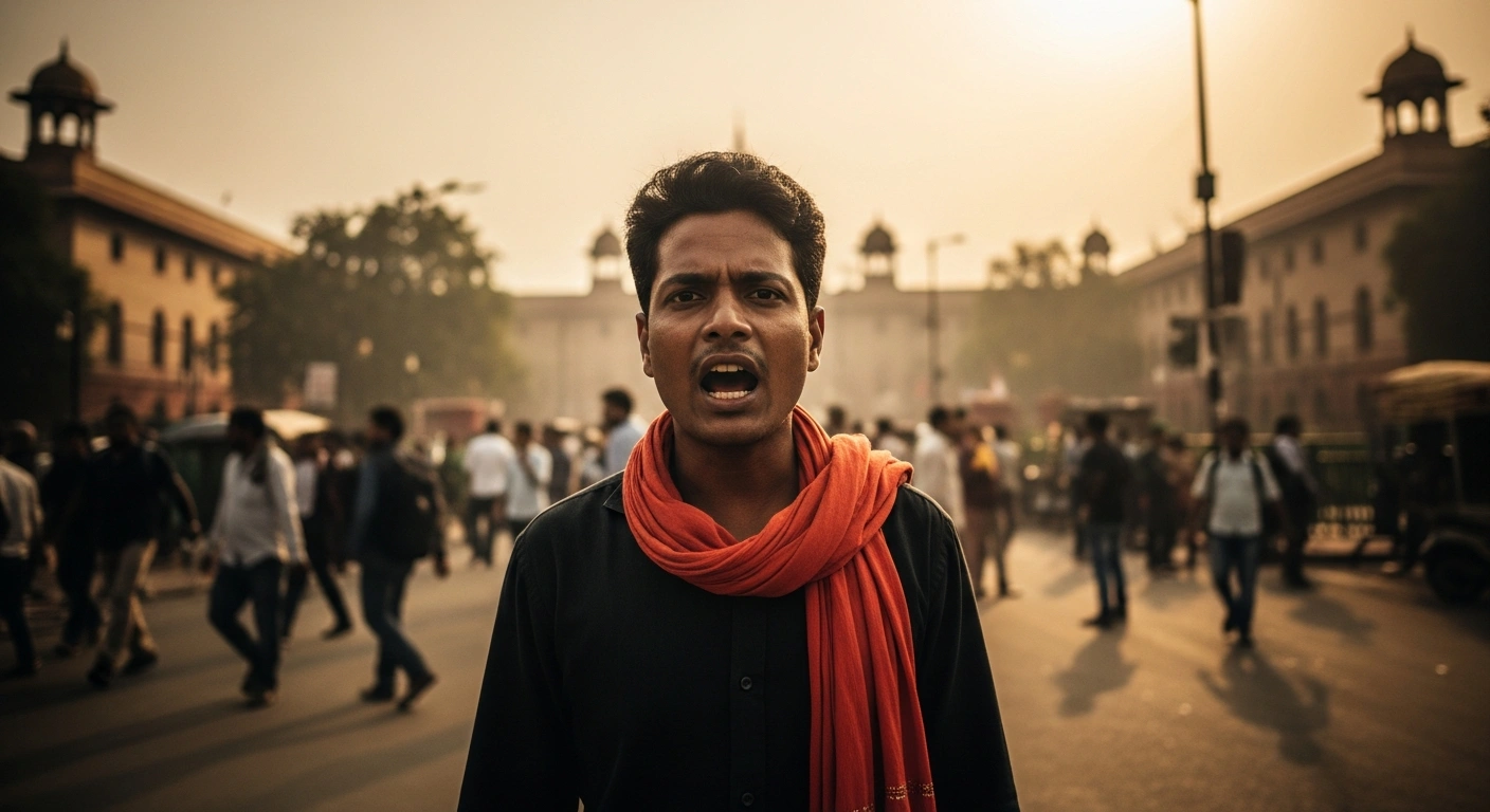 Abhijeet Dipke leads a political protest in New Delhi to demand the resignation of Education Minister Dharmendra Pradhan over national examination concerns.