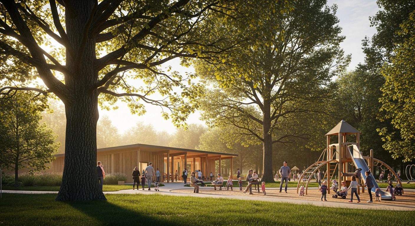 A modern community park in the New Forest District features new infrastructure improvements funded by the Community Infrastructure Levy to support local public amenities.