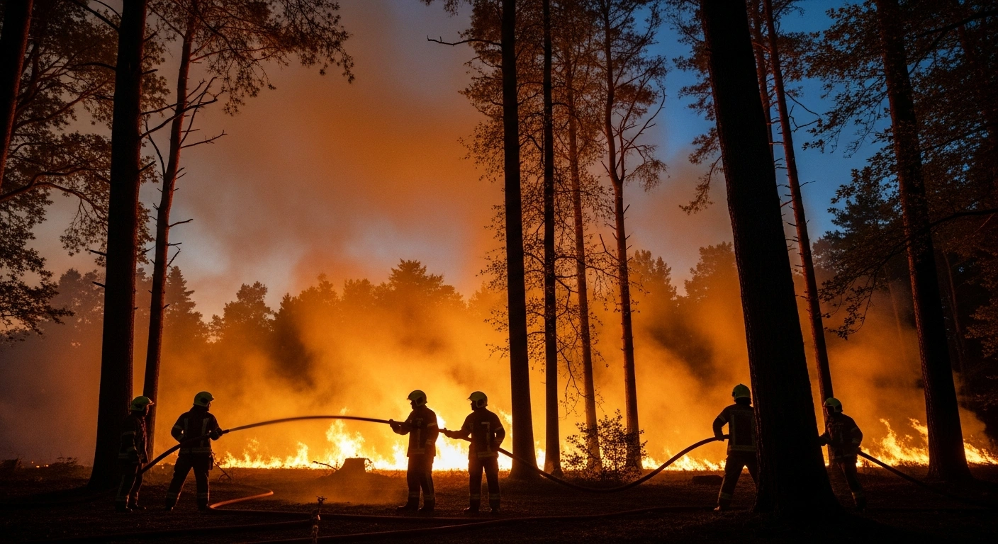 Firefighters use high-pressure hoses to combat a large woodland fire in the New Forest national park in the United Kingdom.