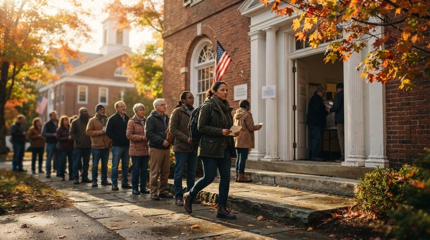 Voters stand in line outside a polling station in New Hampshire to cast their ballots during the midterm primary elections.