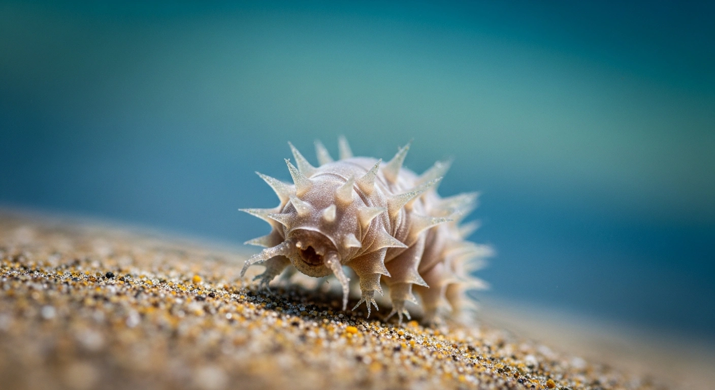 A microscopic view of the newly discovered Actinarctus odissi marine tardigrade resting on sandy sediment in the Bay of Bengal.