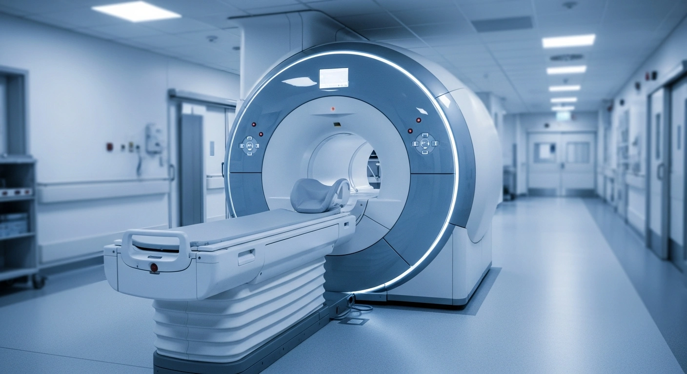 A modern MRI scanner is installed in a clean, brightly lit medical room at the St Vincent de Paul long-term care facility in Malta.