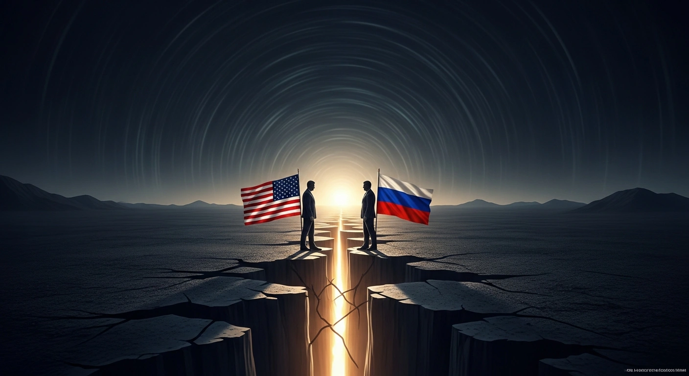 Two silhouetted figures, representing the United States and Russia, stand on opposite sides of a crumbling, glowing chasm in a desolate landscape, symbolizing the impending expiration of the New START Treaty and concerns over a new nuclear arms race and reduced transparency of nuclear arsenals.