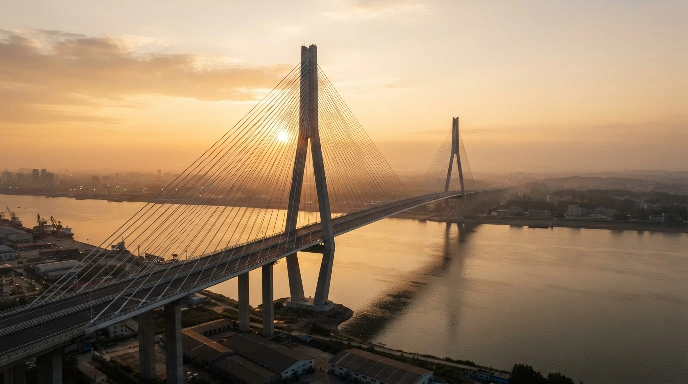 The New Yalu River Bridge stands over the water as a major infrastructure link between Dandong, China, and Sinuiju, North Korea.