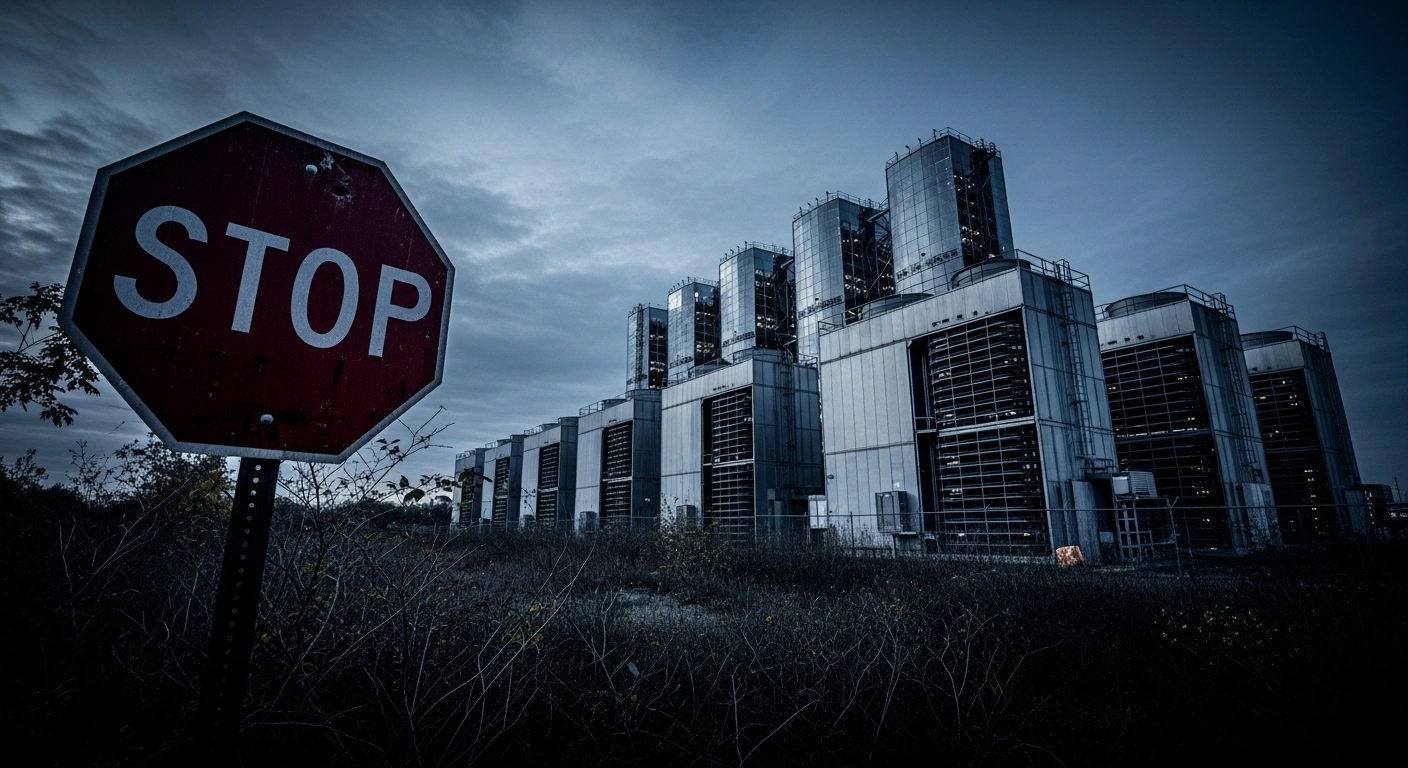 A large-scale data center facility stands idle in New York as part of a state-mandated moratorium on new construction to conserve energy and water resources.