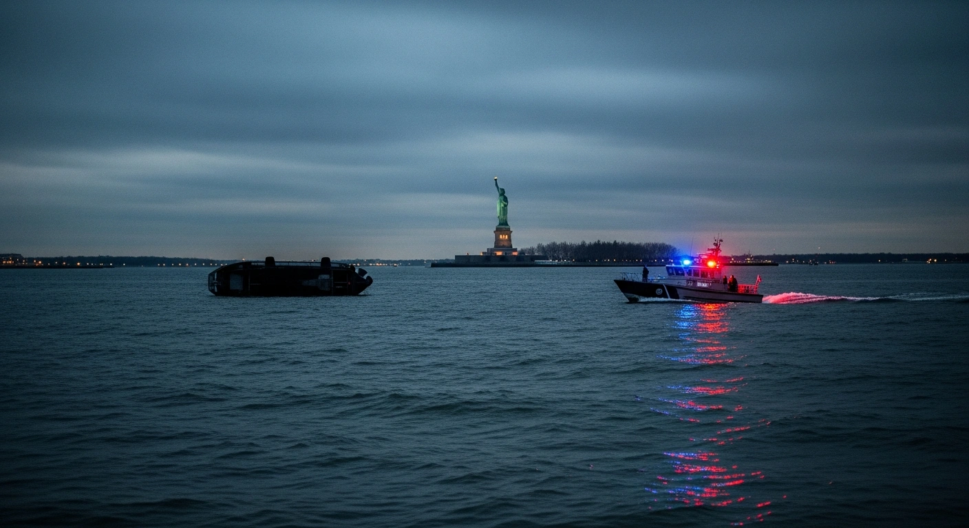 An overturned boat floats in New York Harbor near the Statue of Liberty following a tragic capsizing incident.