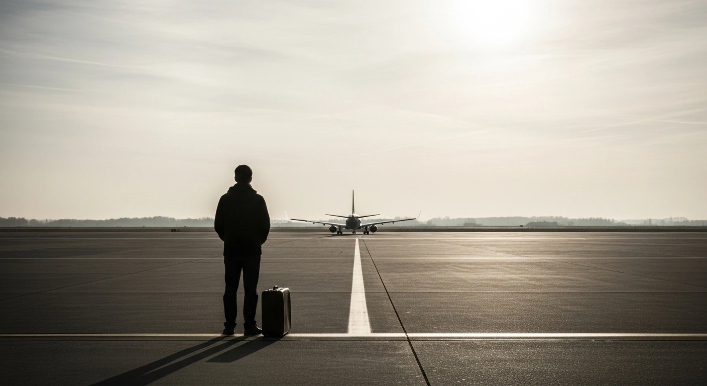 A lone figure stands on a deserted airport tarmac, silhouetted against a soft, diffused sky, watching a distant plane depart, symbolizing New Zealand's 'exit wave' of citizens leaving due to high costs, slow economic growth, and a weak labor market.