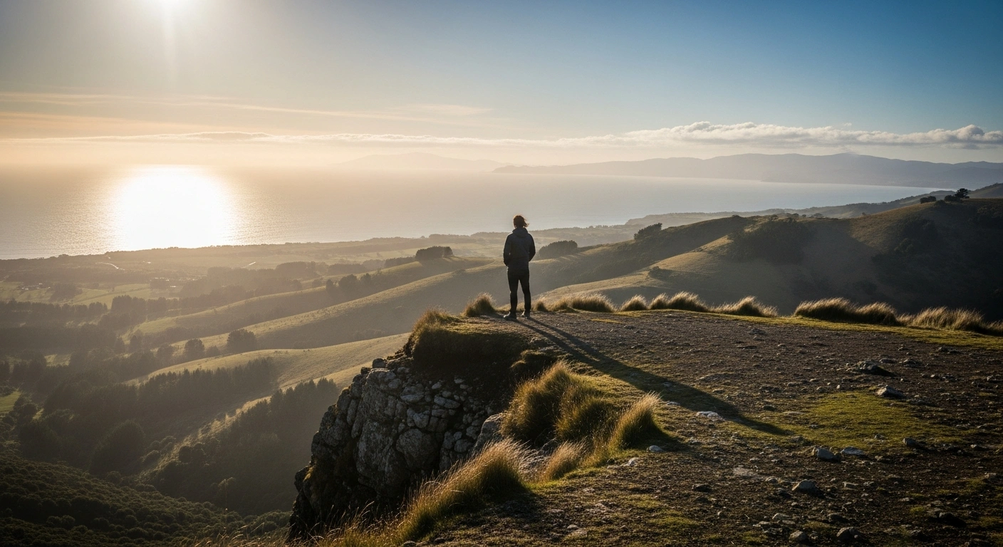 A lone figure stands on a windswept New Zealand cliff at golden hour, looking towards a distant horizon, symbolizing the 'exit wave' of New Zealand citizens leaving due to high living costs and stagnant wages, contributing to a sharp decline in net migration.