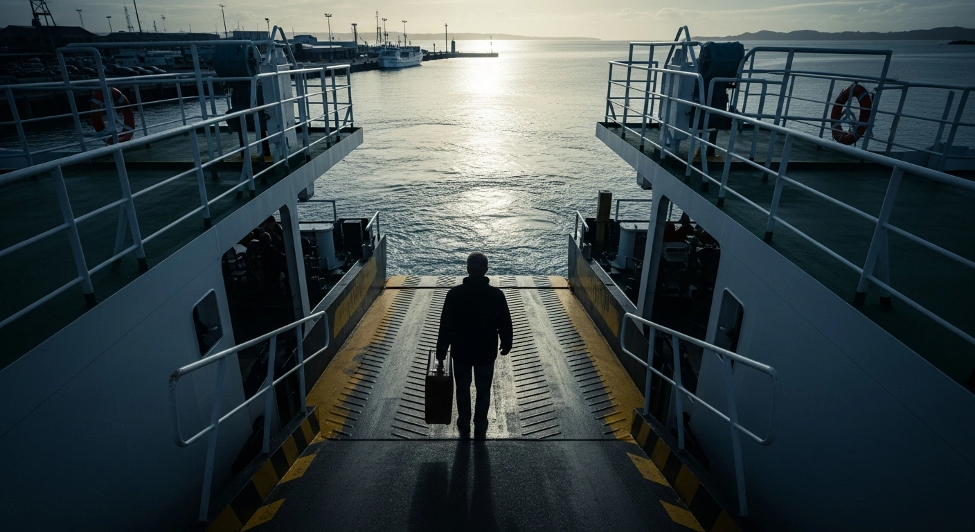 A lone figure with a suitcase stands on a ferry gangplank at a New Zealand port at dawn, looking towards the sea, symbolizing the country's 'exit wave' as citizens migrate due to high living costs and slow economic growth, seeking better overseas opportunities.