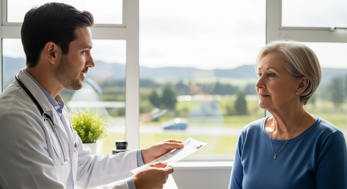 A general practitioner in a sunlit New Zealand doctor's office hands a prescription pad to an adult patient, whose expression conveys relief and hope, representing the new policy for prescribing ADHD stimulant medication.