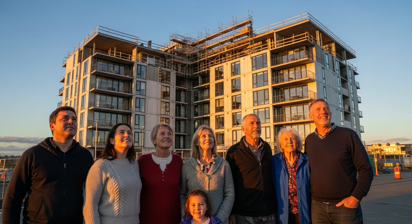 A wide-angle shot at golden hour shows a modern, multi-story apartment complex under construction, with a diverse group of New Zealanders looking up at it, symbolizing the New Zealand Government's Flexible Fund initiative to deliver new social homes and affordable rentals.
