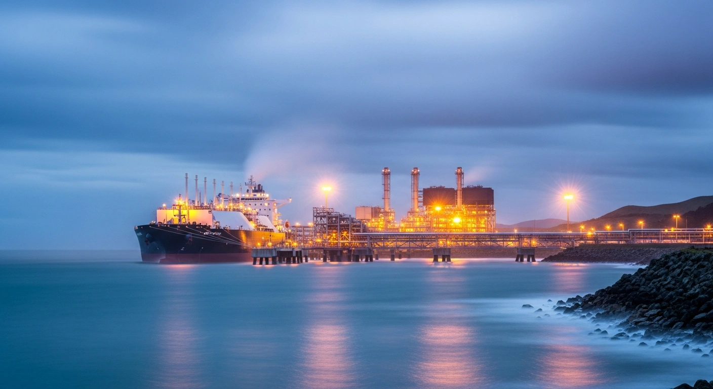 A modern liquefied natural gas import facility stands on the New Zealand coast at twilight to support national energy grid stability.