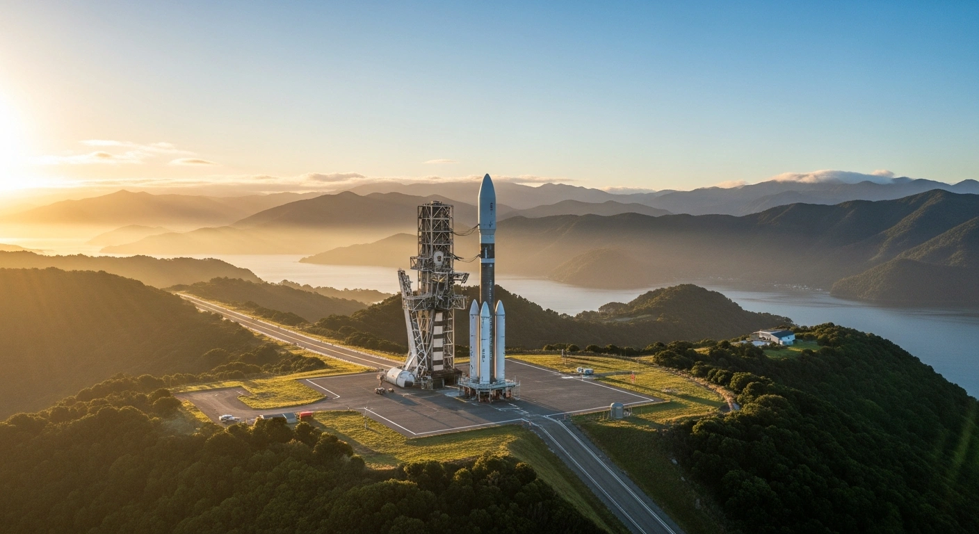 A futuristic multi-stage rocket stands on a launchpad in the verdant landscape of New Zealand at dawn, symbolizing the country's increased space launch limit and the growth of its space and advanced aviation industries.
