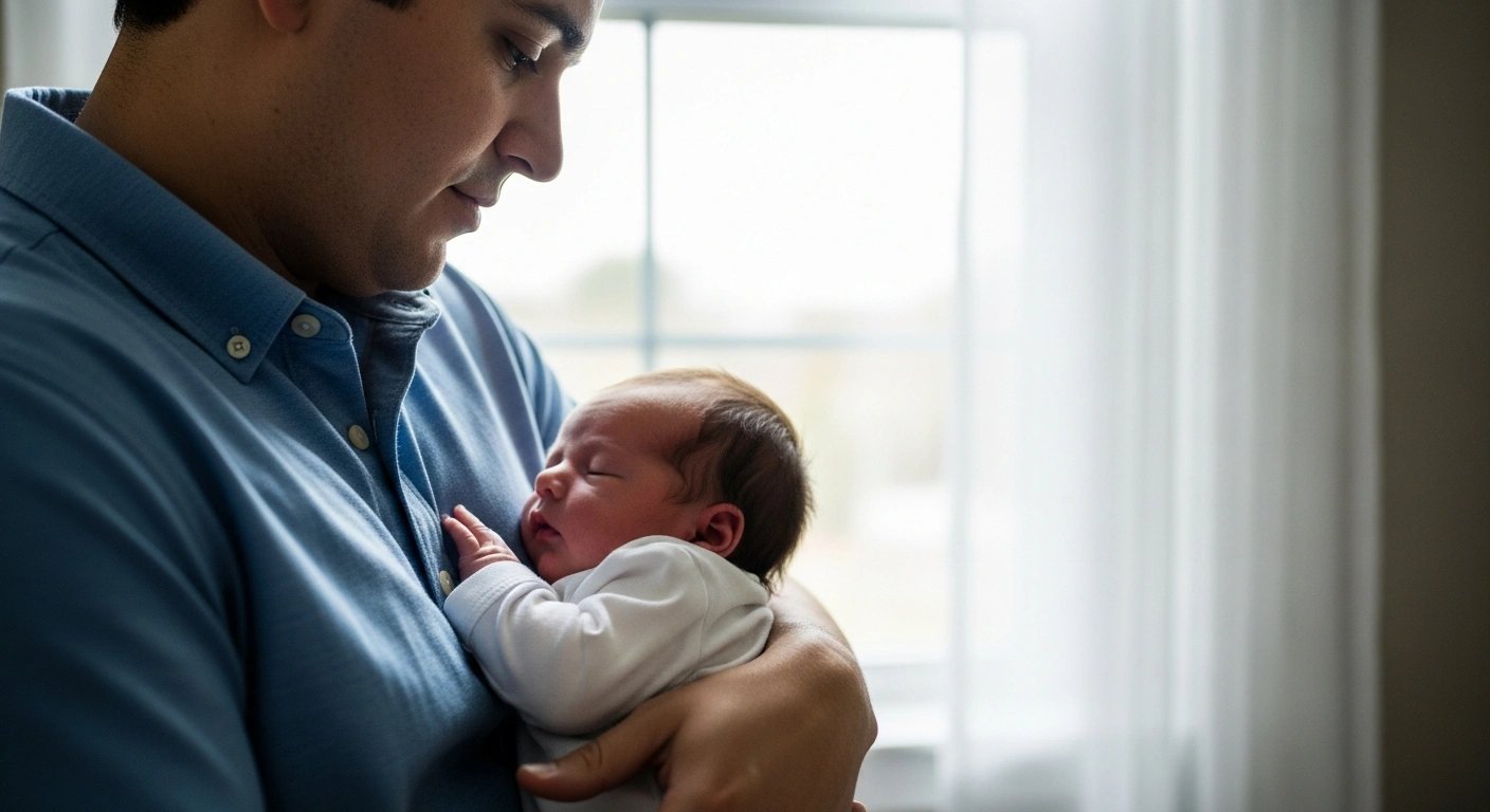 A new parent gently cradles their newborn baby, looking thoughtfully as they consider the individual decision-making process for the newborn hepatitis B vaccine, reflecting the recent guidance change.