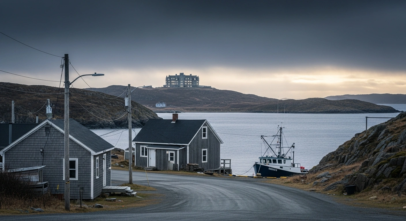A wide-angle shot of Newfoundland's rugged coast depicts a humble, working-class street scene in the foreground under an overcast sky, contrasted with a distant, opulent mansion on a sun-drenched hill, visually representing the significant wage inequality gap in the province where the top one percent earn over six times more than the bottom 50 percent.