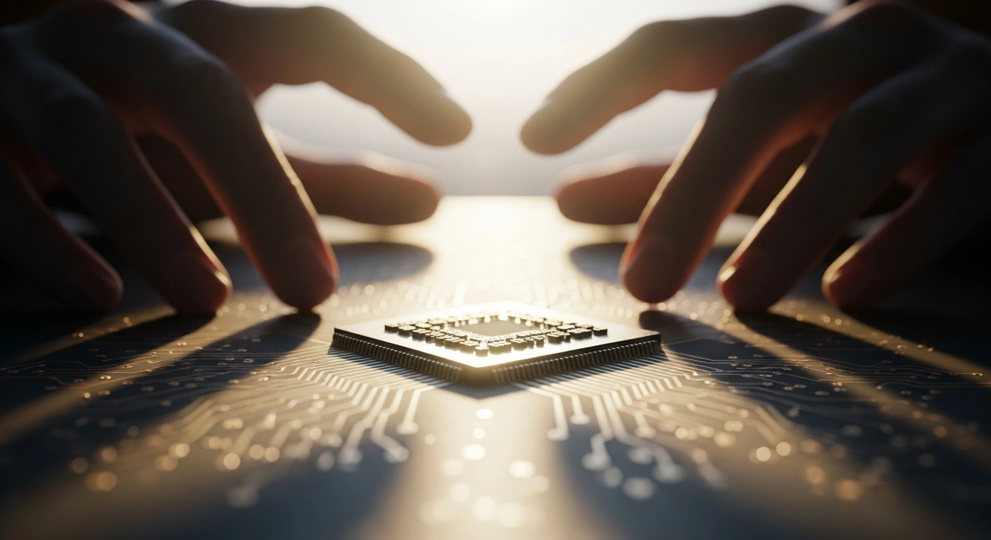 A close-up shot of a gleaming microchip, symbolizing the Nexperia chip supply, with two hands subtly converging in the blurred background, representing the agreed discussions between Beijing and Dutch officials to resolve the crisis and resume shipments to the global automotive industry.