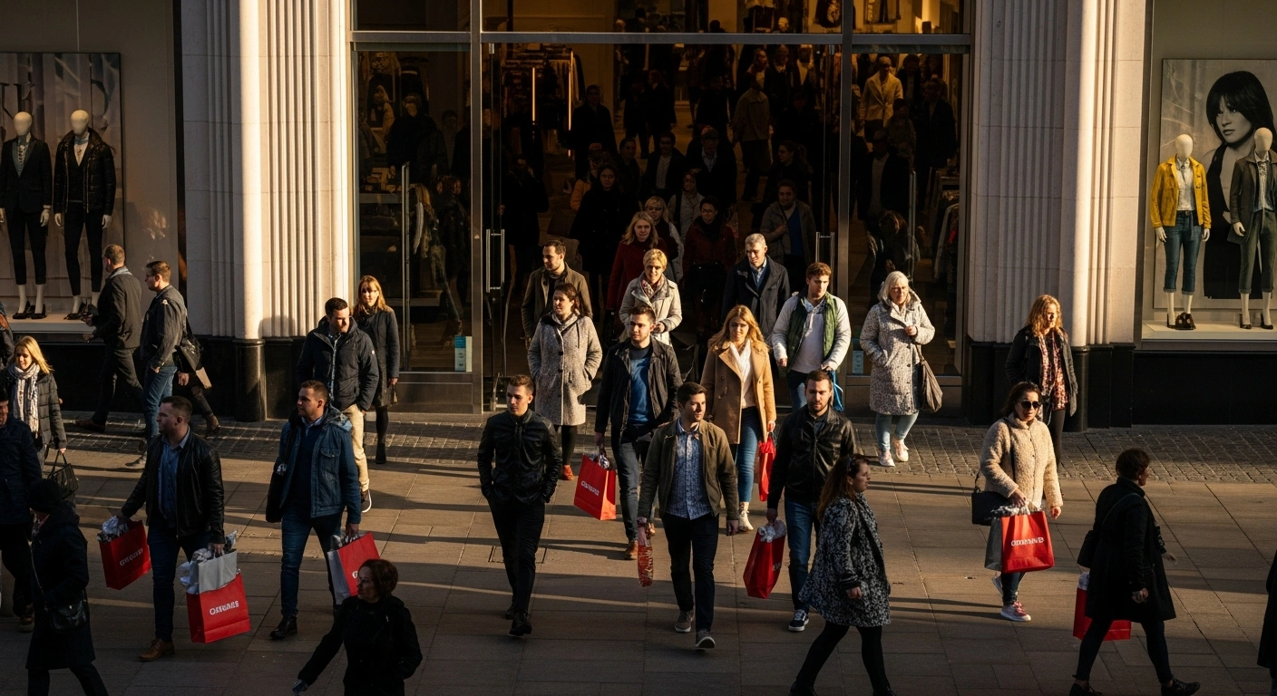 A crowd of shoppers walks toward a modern Next retail store entrance on a sunny day to represent the company's upgraded profit forecast.