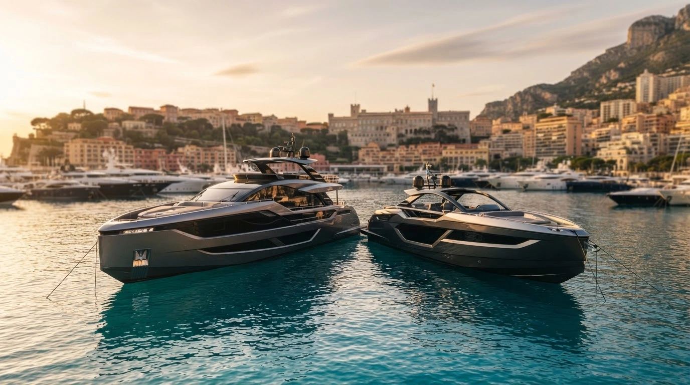Two high-performance luxury yachts from the Next Yacht Group and BRABUS collaboration are displayed at the Monaco Yacht Show.