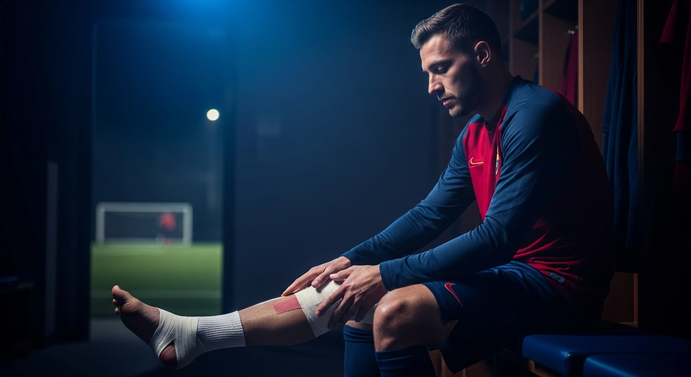 Brazilian soccer star Neymar Jr. sits on a bench in a locker room with a bandaged calf while recovering from an injury.