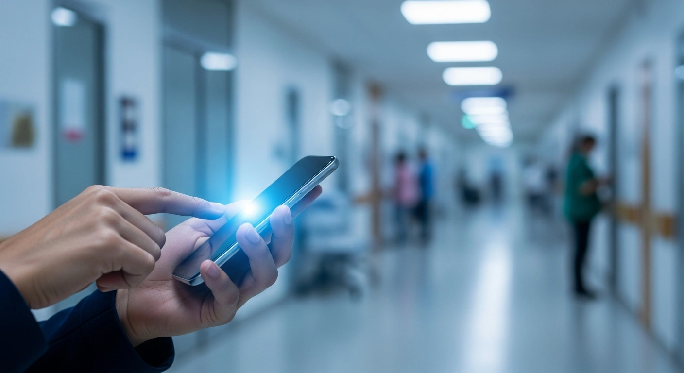 A person uses a smartphone to access healthcare services through an AI-integrated NHS mobile application in a modern hospital setting.