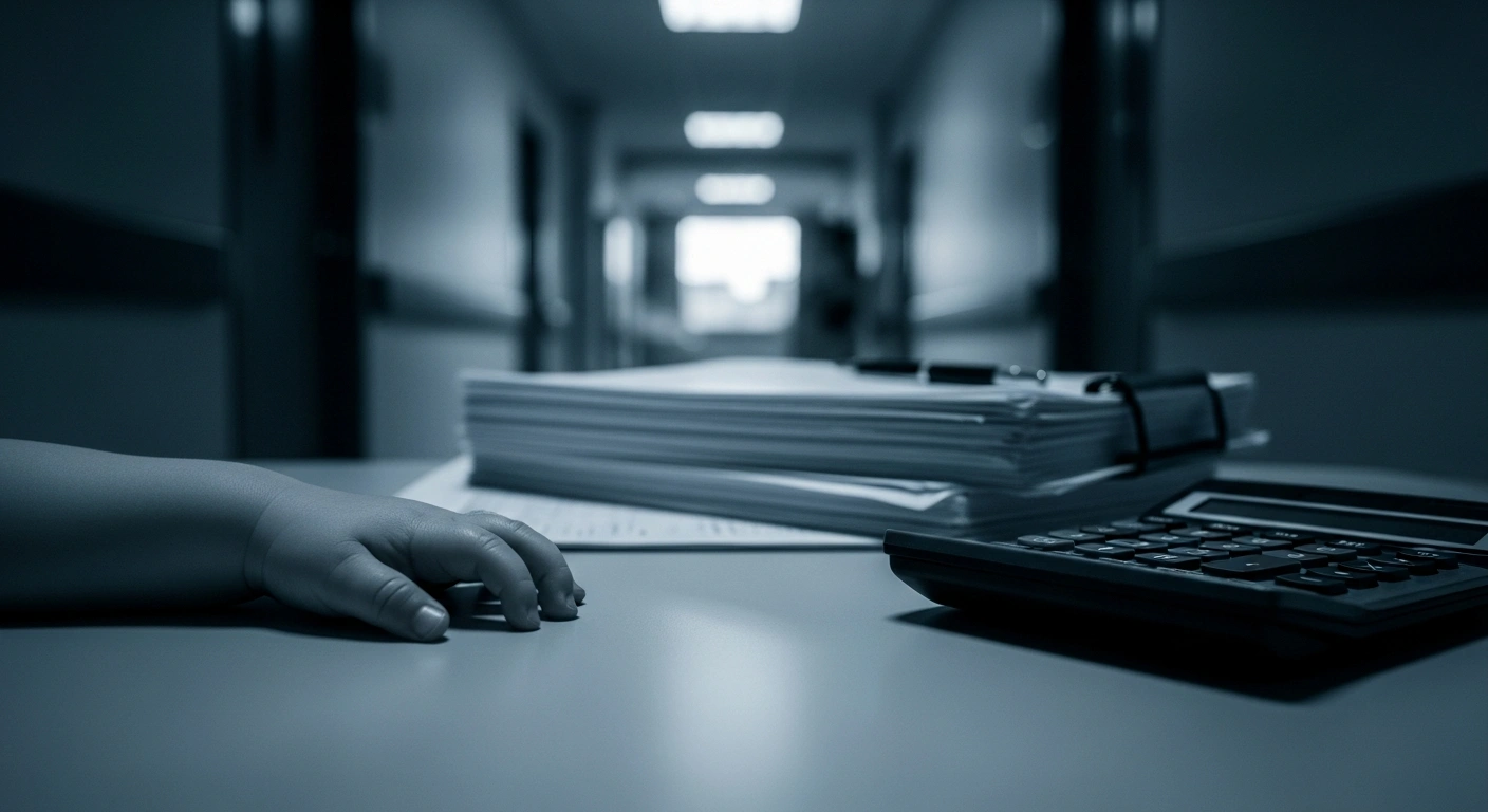 A close-up of a child's small hand in a hospital setting, with blurred legal documents and a calculator in the background, symbolizing the financial impact of childbirth negligence lawsuits on the NHS after a Supreme Court ruling.