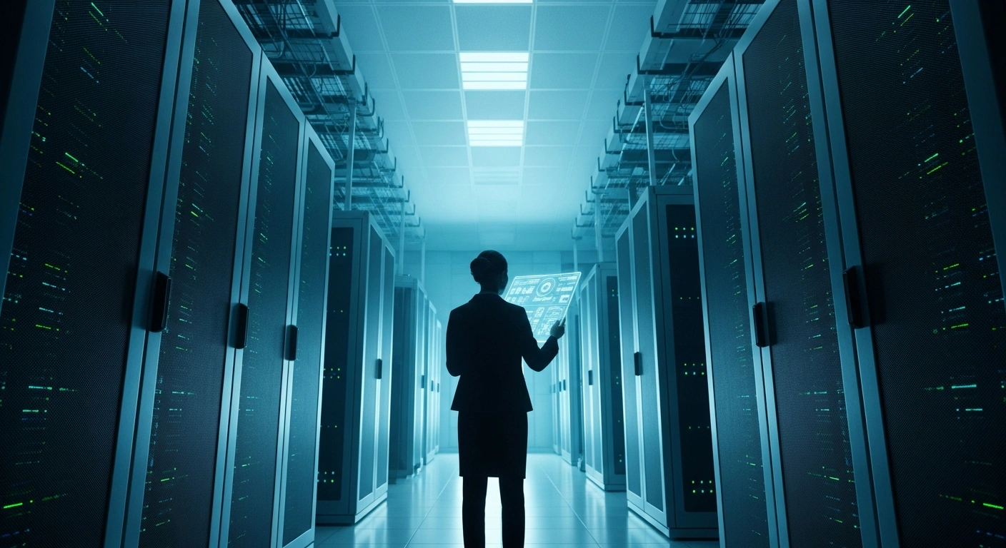 A solitary figure stands in a futuristic data center, observing towering server racks with a glowing transparent tablet, representing the evaluation partner assessing NHS England's £600,000 Federated Data Platform (FDP) programme for impact, value for money, and objectives, ensuring accountability and transparency for the digital health infrastructure.