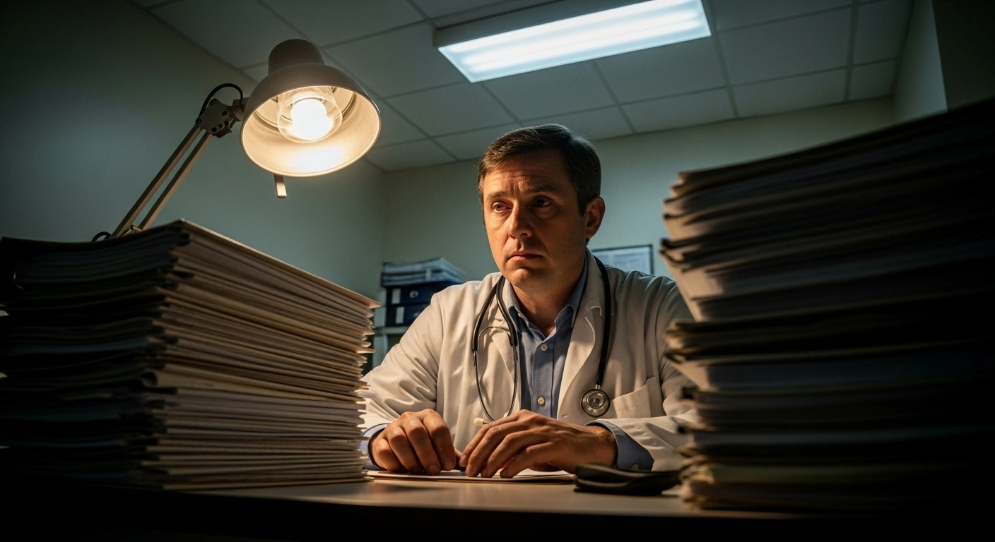 A weary General Practitioner sits at a cluttered desk in a dimly lit examination room, symbolizing the increasing workload and retention concerns for primary care in England, where a BMJ study indicates 34% of GPs no longer work directly for the NHS.