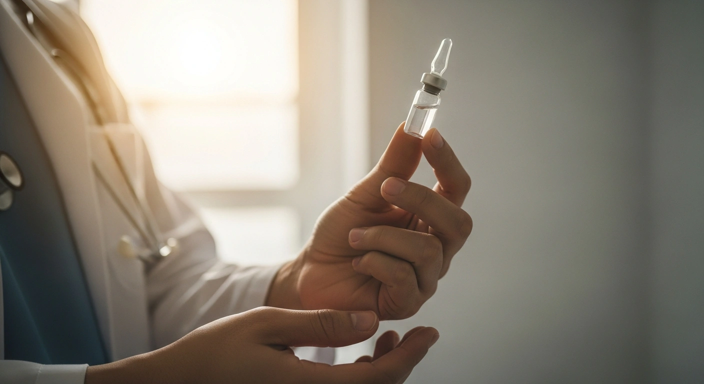 A medical professional holds a vial of antiviral medication representing the successful treatment of over 100,000 hepatitis C patients in England.