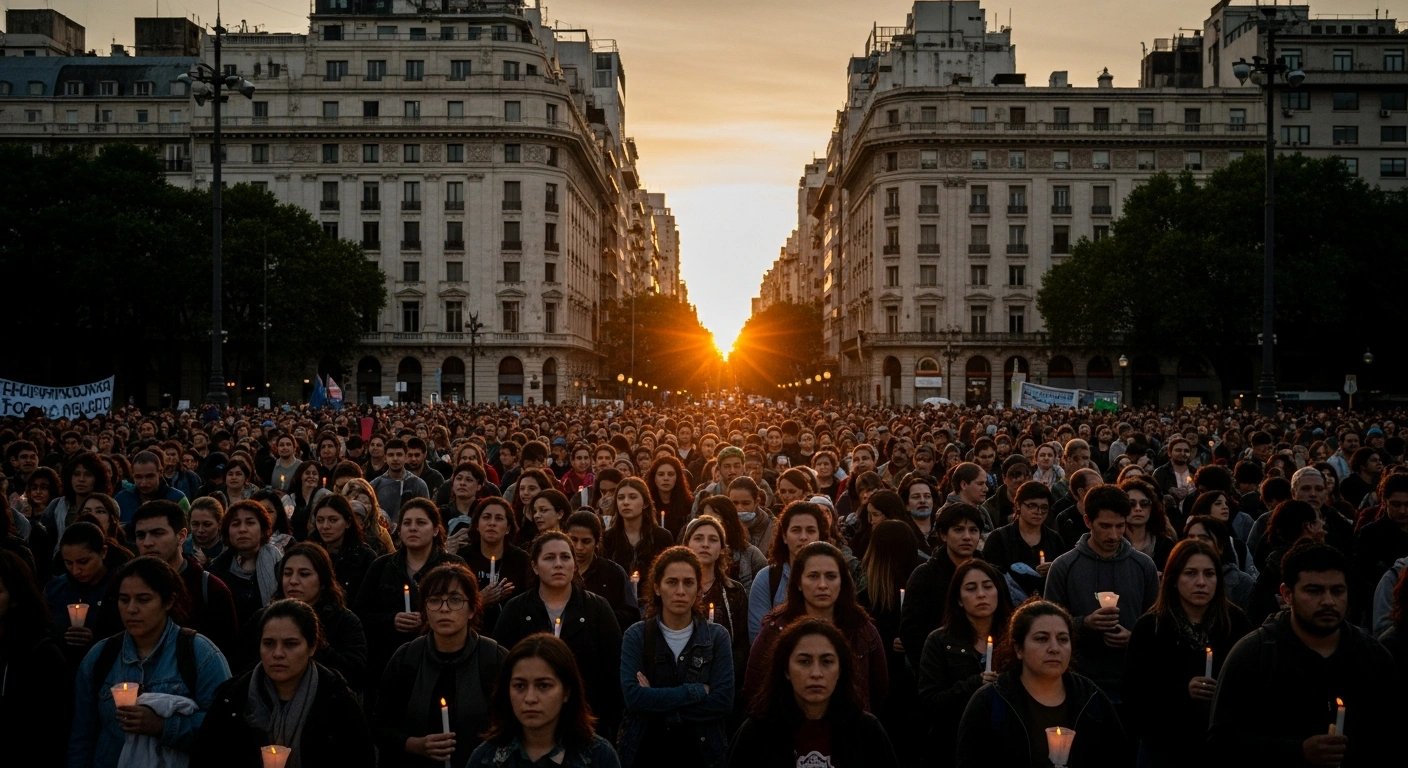 A large crowd of protesters gathers in an Argentine city square to demonstrate against gender-based violence as part of the Ni Una Menos movement.