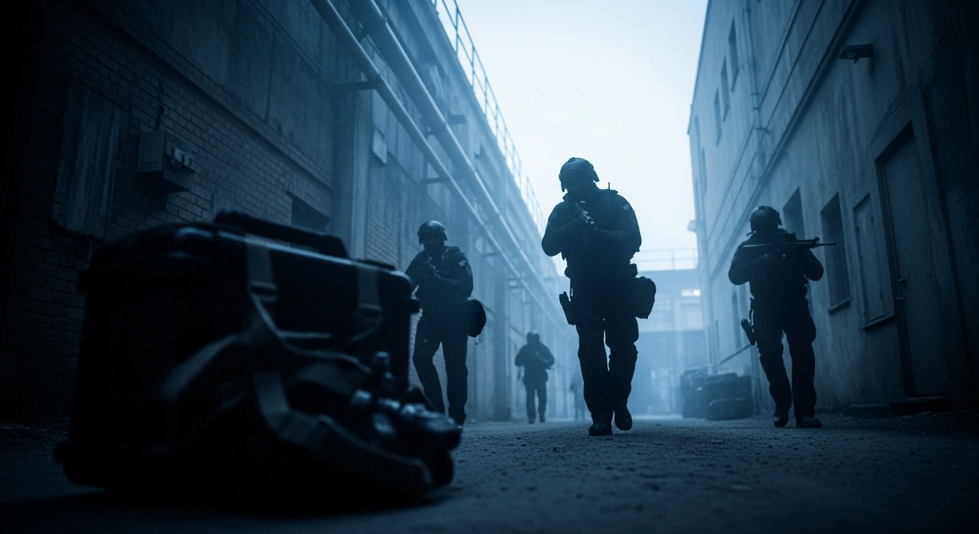 National Investigation Agency officers conduct a tactical search operation during an investigation into cross-border arms and explosive smuggling.