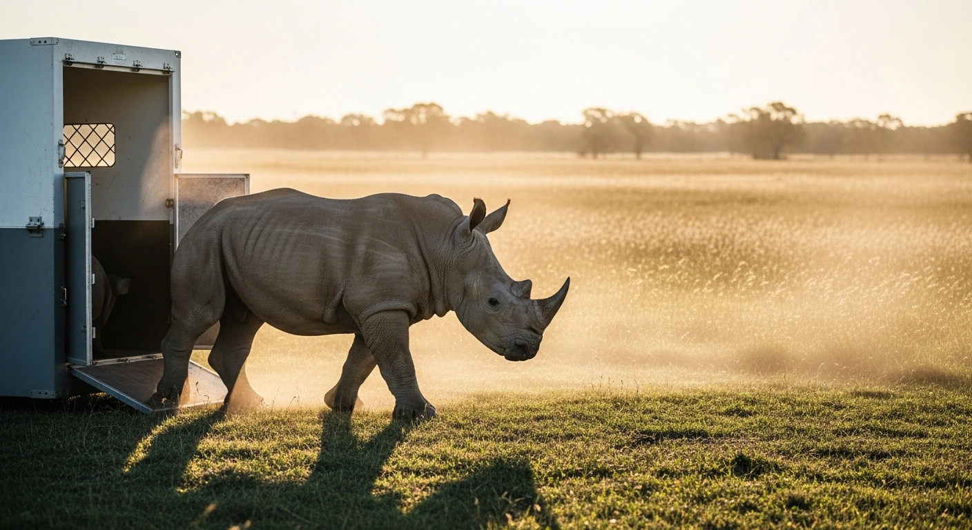 A young southern white rhinoceros named Nia steps into her new habitat at the Werribee Open Range Zoo after arriving from New Zealand for a breeding program.