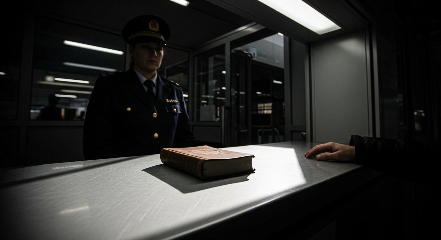 A stern, uniformed border official stands under harsh fluorescent light, examining a worn leather-bound book on a metallic counter as a traveler's hand hovers nearby, illustrating Nicaragua's prohibition of Bibles and its crackdown on religious expression.