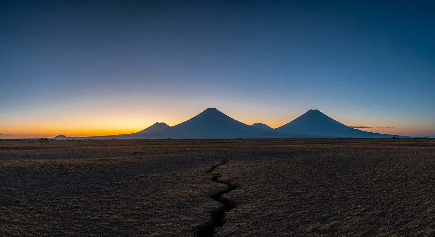 A wide-angle, low-light photograph captures a vast, subtly undulating landscape west of Managua, Nicaragua, under a twilight sky with distant volcanoes, featuring a hairline ground fracture in the foreground, symbolizing the region's frequent minor tremors due to its location on the Pacific Ring of Fire.