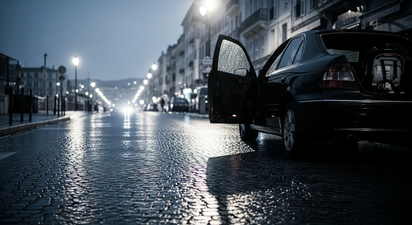 A dark sedan with its driver's side door ajar sits on a rain-slicked street in Nice at twilight, with a child's car seat visible in the back, depicting the aftermath of a fatal shooting where a 23-year-old woman was killed and her baby was present.